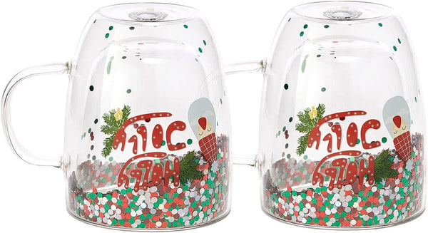 Set of 2 Holly Jolly Christmas Design Tumbler Mugs - Confetti Filled 9.5 oz Decorated Christmas Glass - Perfect for Wine, Eggnog, Cocoa, Holiday Parties & Festivities - 4.25