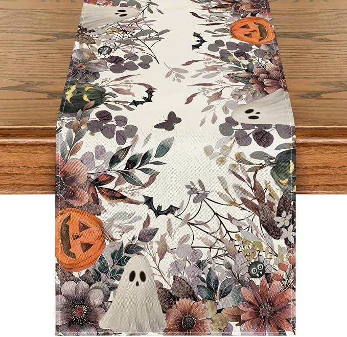 Artoid Mode Jack-O'-Lantern Pumpkin Floral Ghost Halloween Table Runner, Eucalyptus Kitchen Dining Table Decoration for Home Party Decor 13x90 Inch