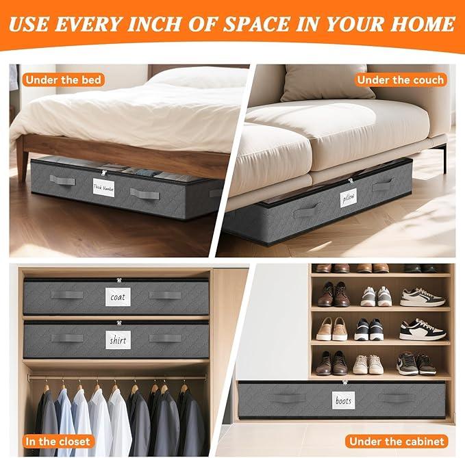 SpaceWhisper 90L Under Bed Storage Containers, 4-Pack Storage Bins with Clear Top, Foldable Closet Organizers and Storage with Label Holder for Clothing, Blankets, Comforter & Pillows (Grey)