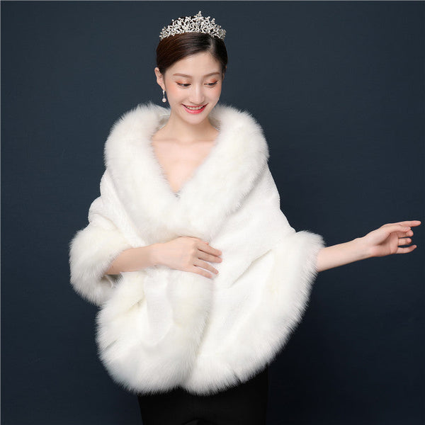 Bride's wedding dress fur shawl women's warm white cloak cheongsam jacket red cloak
