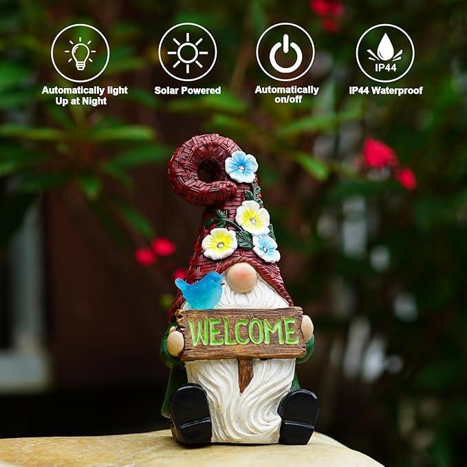 Goodeco Sitting Gnome with Welcome Sign - Garden Gnomes Outdoor with Solar Bird & LED Lights, Ideal Gifts for Mom or Women, Housewarming Gnome Decorations