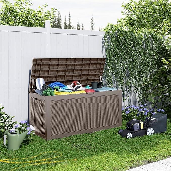 100 Gallon Deck Box Large Outdoor Storage for Patio Furniture,Outdoor Cushions,Garden Tools and Pool Supplies,Waterproof,Resin,Lockable(Grey)