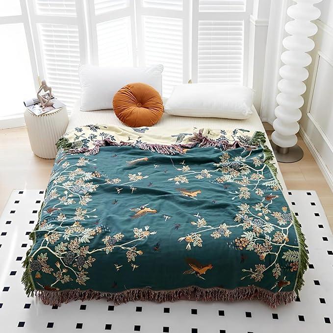 Snycler Boho Throw Blanket for Bed - 100% Cotton Ultra Soft Rustic Quilt Blanket Green Floral Bird Printed Farmhouse Decor Bed Blankets, 80