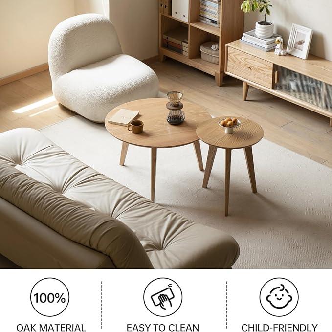 100% Solid Oak Wood Mini Coffee Table, Round Living Room Table Side Table w/Solid Wood Legs, Walnut Mid Century Sturdy Tables for Bedroom Balcony Living Room (23.62