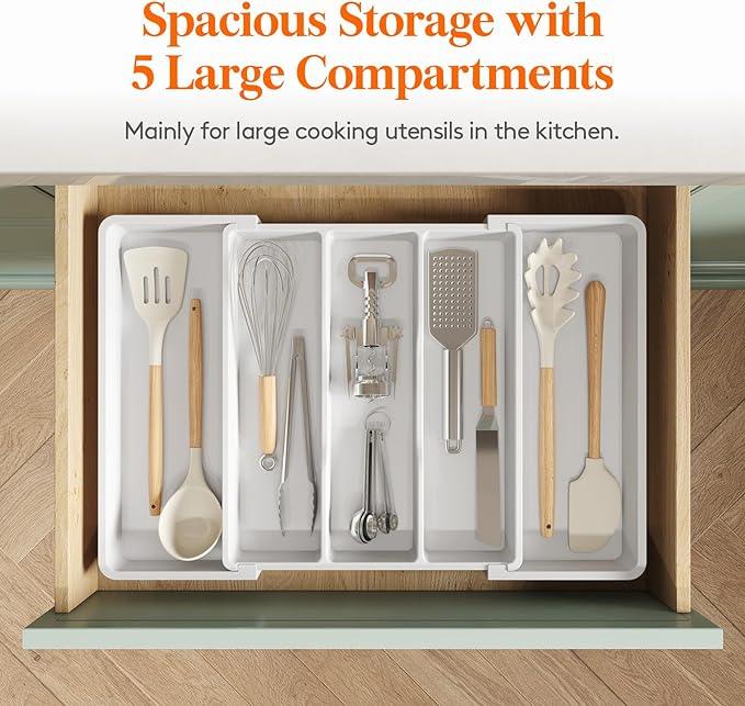 Lifewit Utensil Organizer for Kitchen Drawers, Expandable from 13‘’ to 22.4'', 15'' Depth, Plastic Cutlery Silverware Flatware Holder, Spatula Tools and Gadgets Storage, Large, White