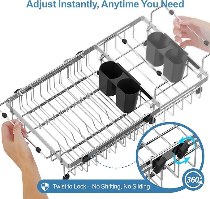 GSlife in Sink Dish Drying Rack - Stainless Steel Capacity Expandable Over The Sink Dish Drainer with Lock Knob and Utensil Holder for Kitchen Sink, 10.8