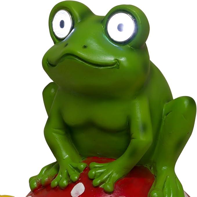 Alpine Corporation ZEN390SLR-S Frog on Mushroom Statue with LED Lights, Solar-Powered LED Frog Garden Statue, 12