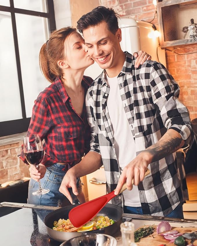 Multifunction Spatula Spoon for Nonstick Cookwares, Great for Cooking and Serving, Sturdy BPA-Free Matte Silicone, Wood Handle Spatula for Mixing, Scoop, and Scrape, Red(2 pack,11.4