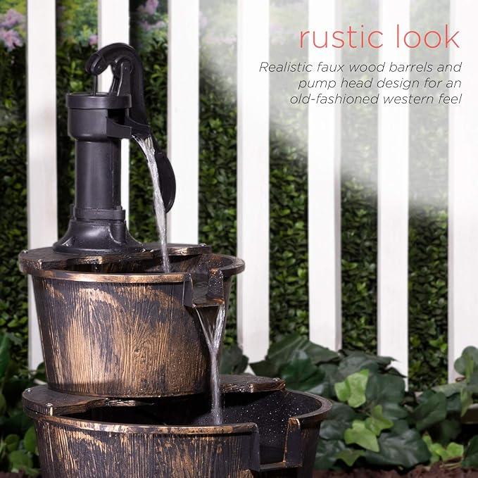 Alpine Corporation 2-Tiered Barrel and Pump Water Fountain – Bronze Finish, Relaxing Water Flow, Ideal for Garden, Patio, & Yard Décor, 27