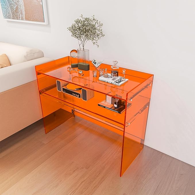 Acrylic Desk with Retaining Edge, Orange Acrylic Table, Console Table for Office, Study, Bedroom, Entrance Decor (17.7