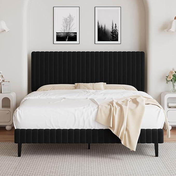 Queen Bed Frame, Velvet Upholstered Platform Bed with Vertical Channel Tufted Headboard, No Box Spring Required, Easy Assembly, Black