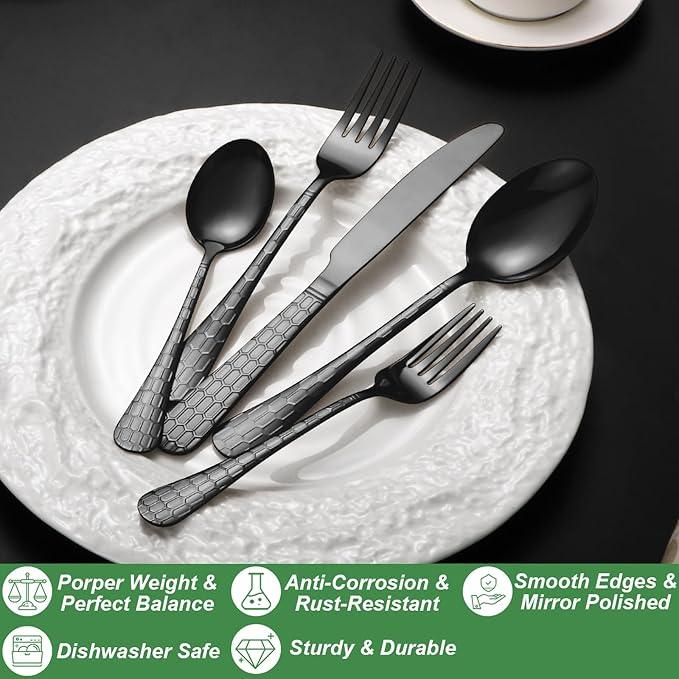 20 Pcs Black Silverware Set for 4 with Water Cube Handle design, Food Grade Stainless Steel Flatware Set, Eating Utensils Sets Include Fork/Knife/Spoon, Reusable Cutlery Set, Dishwasher Safe
