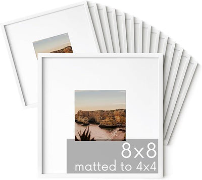 HAUS AND HUES 8x8 White Metal Picture Frames Matted to 4x4 - Features Premium Aluminum & Hanging Hardware, Shatterproof Plexiglass - Ideal for Home, Room, Office (8x8 in, White, Set of 15)