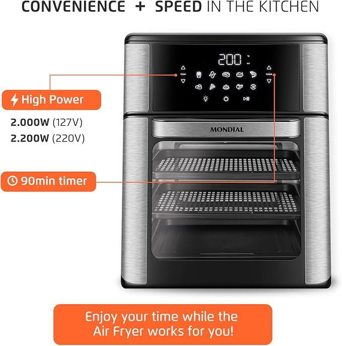 Air Fryer Oven 1800W, 12.7QT Capacity, Touchscreen Panel, Automatic Shut-Off – Black & Stainless Steel – Mondial