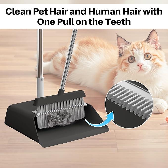 JOYMOOP Black Broom and Dustpan Set, Upright Angle Design with Built-in Comb Teeth for Home, Office, Hardwood Floors, Pet Hair