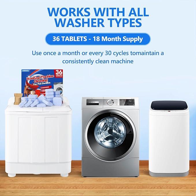 36Pack Washing Machine Cleaner Tablets-18 Month Supply,Washer Machine Cleaner Formulated For Pet Owners,Easy Pet Hair Remover for Laundry,Compatible with HE, Top & Front Load Washer.Septic Safe
