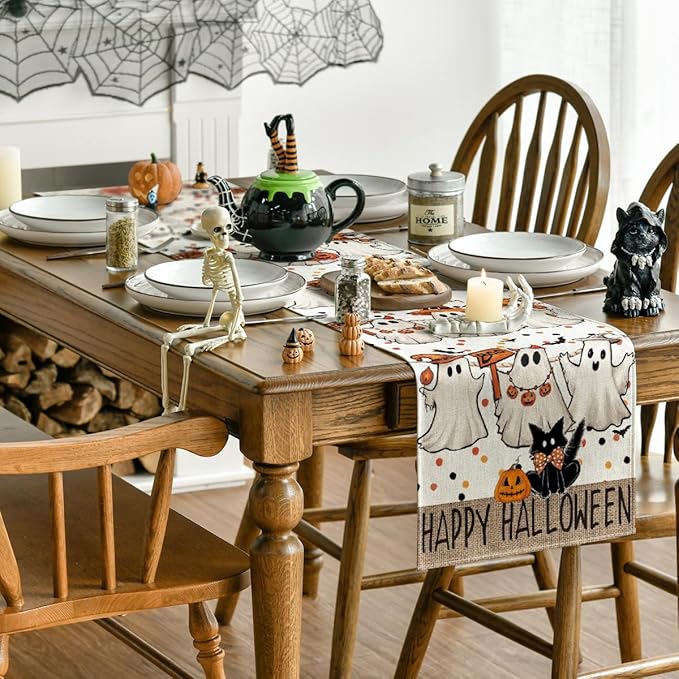 Artoid Mode Beige Ghost Jack-O'-Lantern Black Cat Halloween Table Runner,Holiday Kitchen Dining Table Decoration for Home Party Decor 13 x 36 Inch