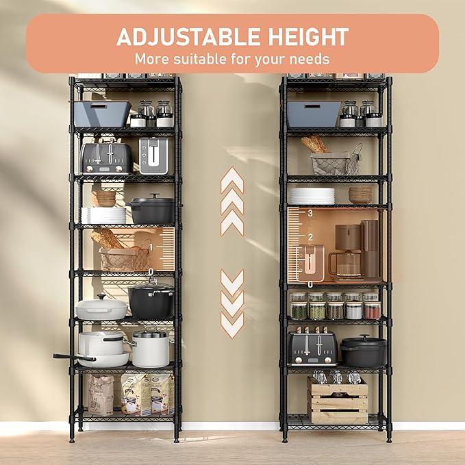 8 Tier 2000 lbs Storage Rack Metal Wire Shelving Unit, Storage Standing Shelf Organizer for Laundry Bathroom Kitchen Pantry Closet Garage Basement Utility Room, Black 13.8