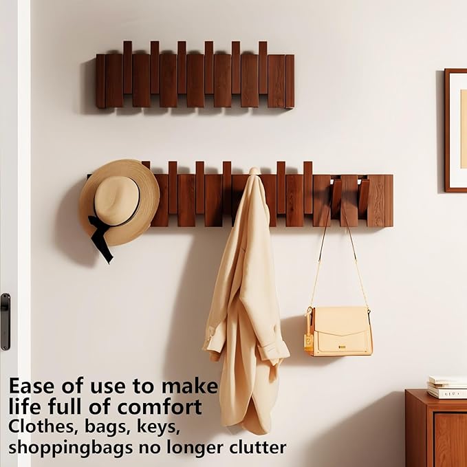 Wall Mounted Piano Key Hanger | Flip Style Hook | Entrance Wall Art Hook, Made of Oak Wood (3 Times Painted, 4 Times Polished) (Walnut, 12Hooks)