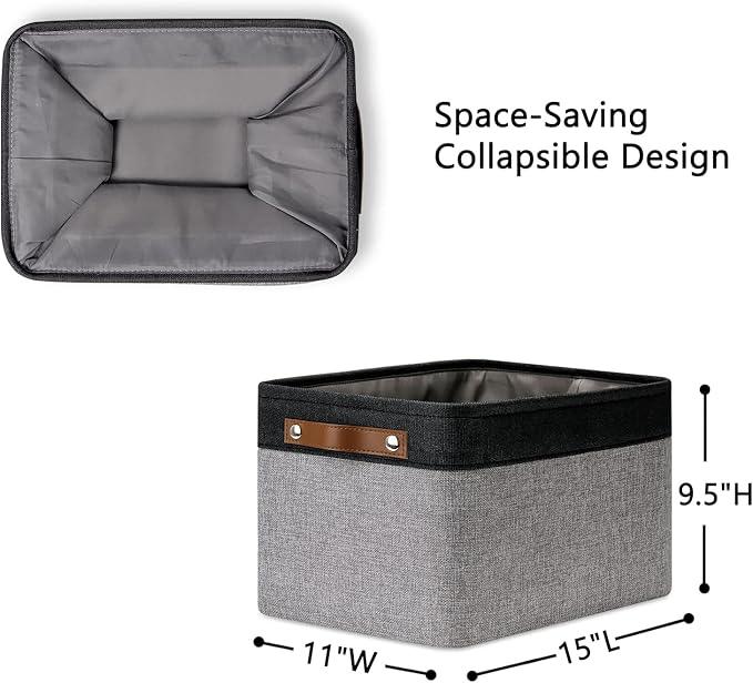 DULLEMELO Canvas Storage Bin with Handles, Fabric Bins for Shelves, Bedroom, Office,Nursery,Fabric Storage Baskets for Toys, Clothes,Gift(Black&Grey,15