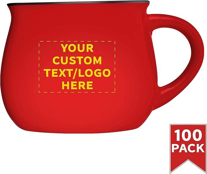 Custom Glazed Campfire Coffee Mugs 12 oz. Set of 100, Personalized Bulk Pack - Perfect for Coffee, Tea, Espresso, Hot Cocoa, Other Beverages - Red