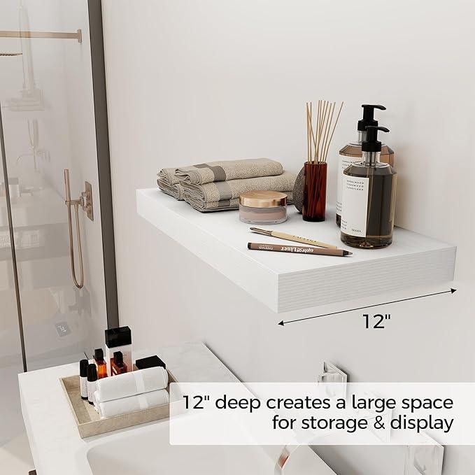 12 Inch Deep White Floating Shelves, 24 x 12 Floating Shelf for Books, Rustic Wood Deep Wall Shelves for Home Storage & Display, 2