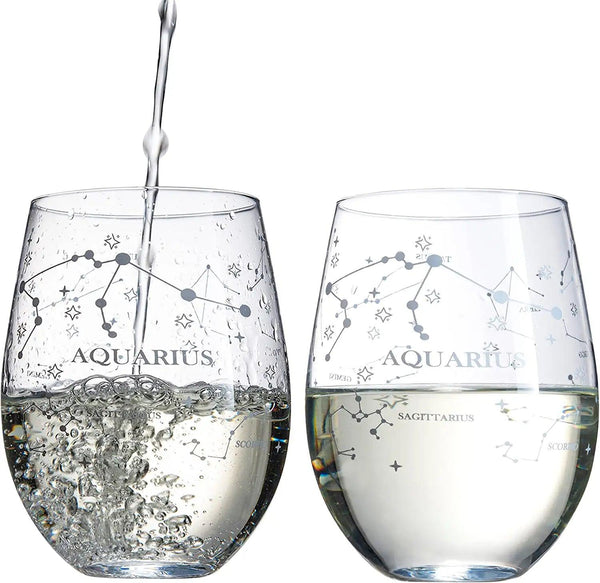 Set of 2 Zodiac Sign Wine Glasses with 2 Wooden Coasters by The Wine Savant - Astrology Drinking Glass Set with Etched Constellation Tumblers for Juice, Water Home Bar Horoscope Gifts 18oz (Aquarius)