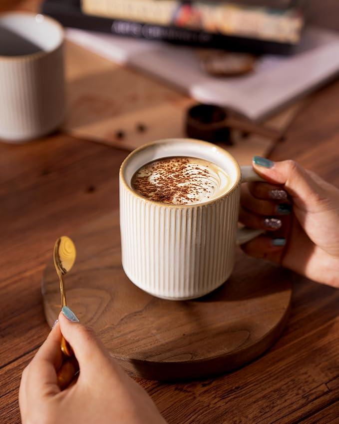 famiware Coffee Mug Set for 6, Star 12 oz Catering Mugs Cup Set with Handle for Coffee, Tea, Cocoa, Milk - Ceramic Stoneware Drinkware Set, Cappuccino White
