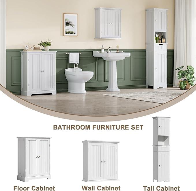 ChooChoo Bathroom Floor Cabinet, Modern Bathroom Storage Cabinet with 2 Doors and Adjustable Shelves, Freestanding Cupboard for Living Room, White