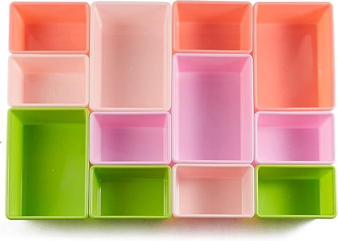 Amazon Basics Kids Toy Storage Organizer With 12 Plastic Bins, White Wood With Pink Bins, 10.9
