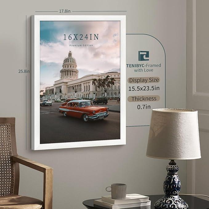 16x24 Poster Frame 3 Pack - White, Textured Solid Wood Picture Frame, Wall Gallery Photo Frame