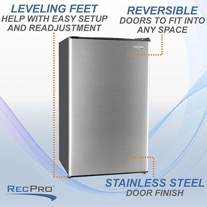 RecPro 3.3 Cu Ft 12V RV Refrigerator | Stainless Steel Frost-Free Fridge with Can Holder | Compact Camper Fridge with Door Storage, 7 Temp Settings | 19”W x 19”D x 32.75”H