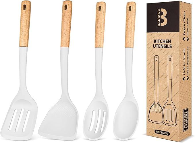 Silicone Cooking Utensils Set, Perfectly Angled for Frying, Mixing,Serving,Draining,Turning and Stirring, BPA-Free Matte Silicone, Wood Handles, Safe for Nonstick Cooking Surfaces,4 Pack (White)