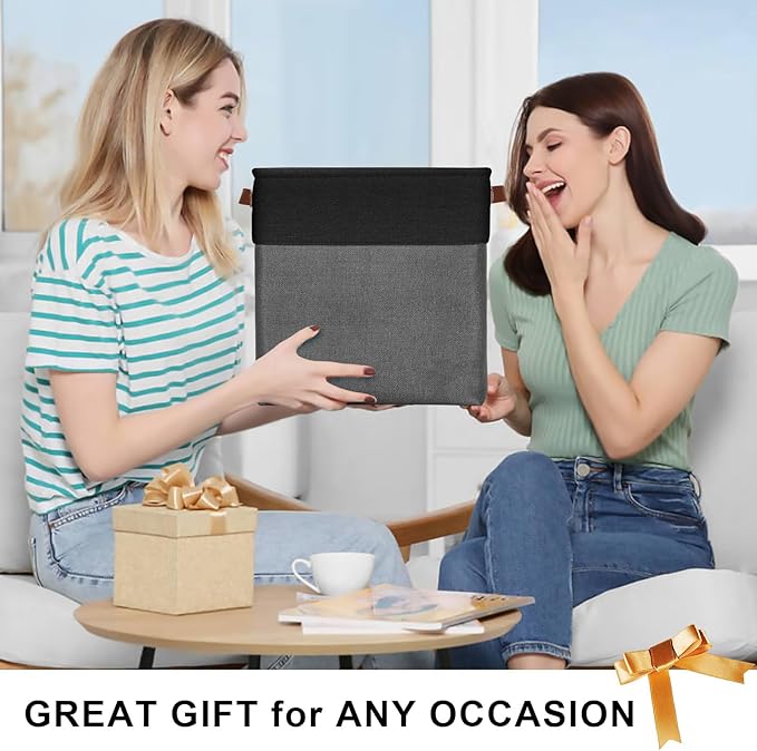 13x13 Cube Storage Bins, Collapsible Fabric Storage Box, 4 Pack Closet Baskets with Handles for Organizing, Shelf, Toys, Clothes, Home, Office, Nursery (Grey&Black)