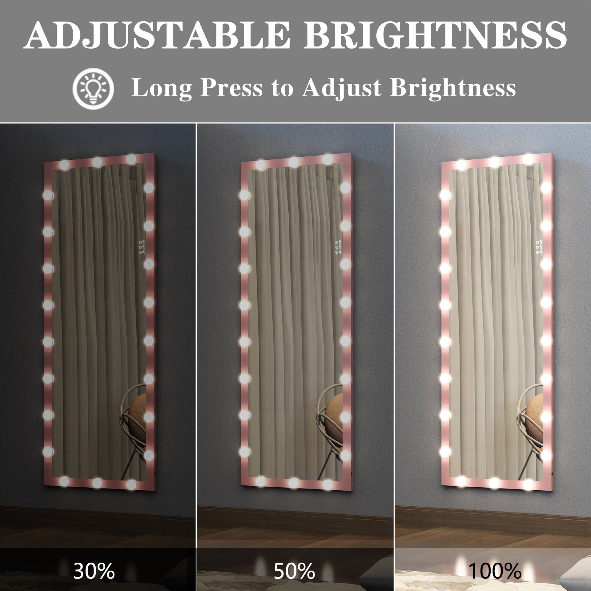 62.6-inch x 23.3-inch pink Hollywood illuminated full body vanity mirror with 3 color modesstanding floor mirror touch control