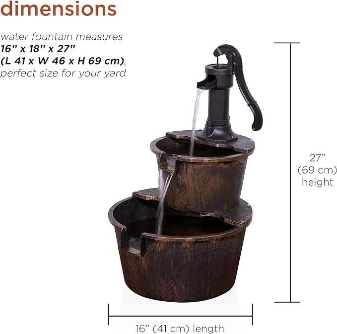 Alpine Corporation 2-Tiered Barrel and Pump Water Fountain – Bronze Finish, Relaxing Water Flow, Ideal for Garden, Patio, & Yard Décor, 27