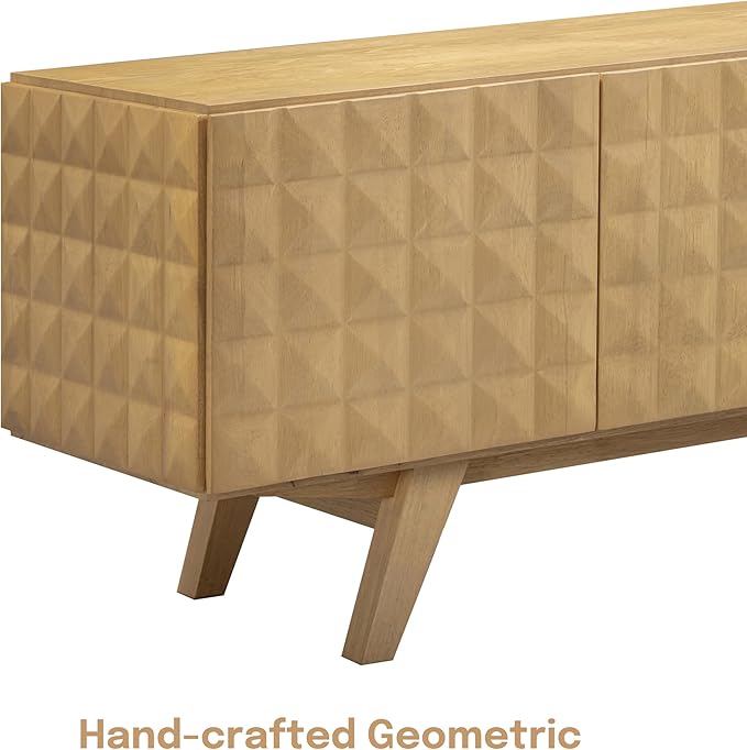 NTC Sapa Mid-Century Modern Solid Wood TV Stand 4-Door Media Console with Carved Geometric Fronts for TVs up to 75