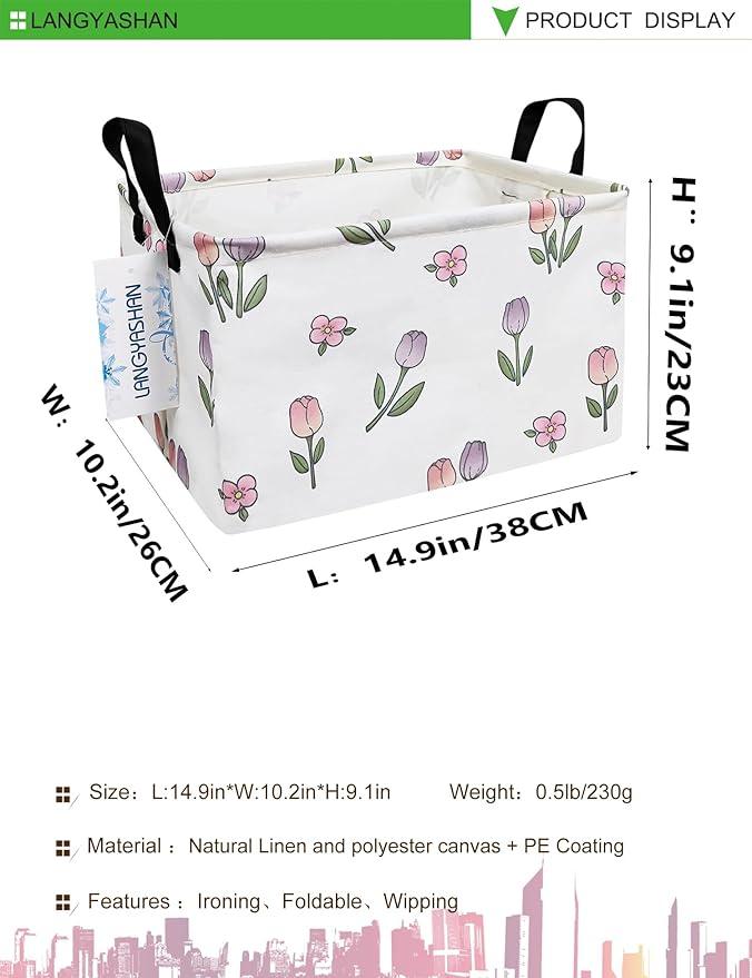 LANGYASHAN Rectangular Storage Bin Collapse Canvas Fabric Cartoon Storage Basket with Handles for Organizing Home Kitchen Boys and Girls Toys Office Closet Shelf Baskets (Rec Romantic Tulip)