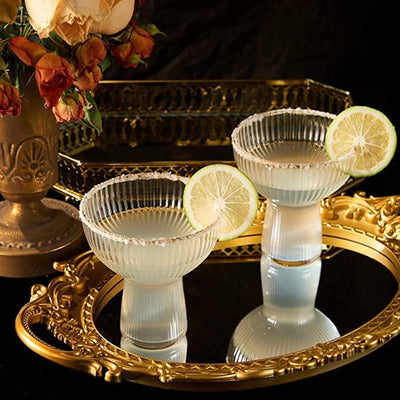 Ribbed Stemless Margarita, Martini & Champagne Glasses with Gold Rim - Set of 2 - Hand Blown Cocktail Luxury Coupe – Large Party, Elegant Ripple Design, Gilded, Premium Hand Blown Glassware (10 OZ)