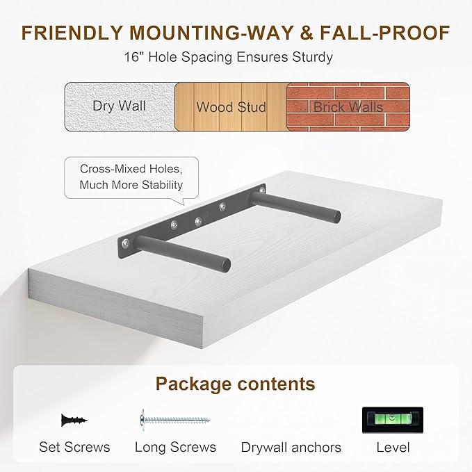 Fun Memories White Floating Shelves 36 Inch Long, 8 Inch Deep Floating Shelf for Wall, 36