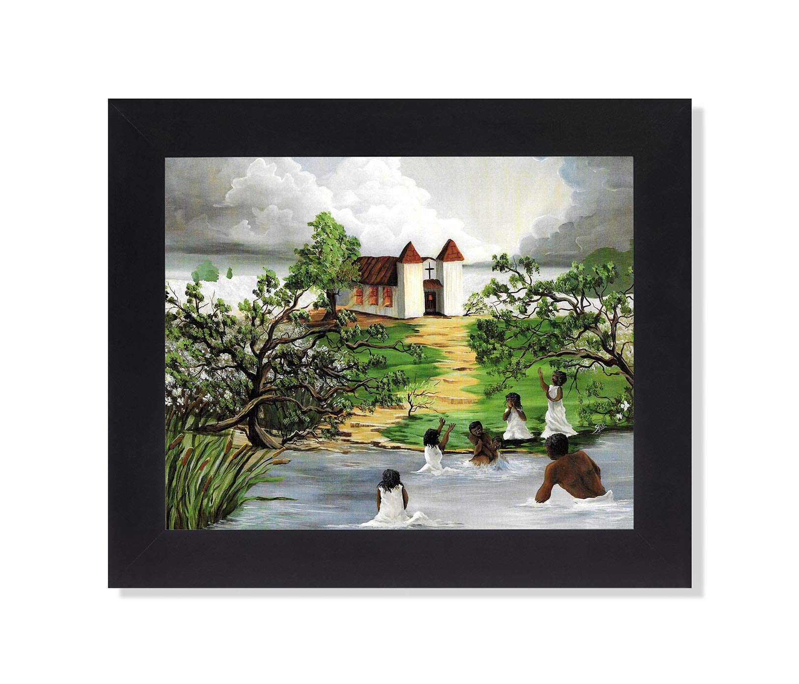 Black Framed Art Print - African American Old Church Baptism 8x10 Religious Wall Decor