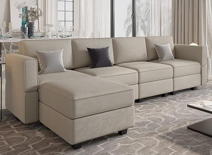 Belffin Modular Sectional Sofa Couch with Reversible Chaise Velvet L Shaped Couch with Storage 4-seat Convertible Sofa Grey…