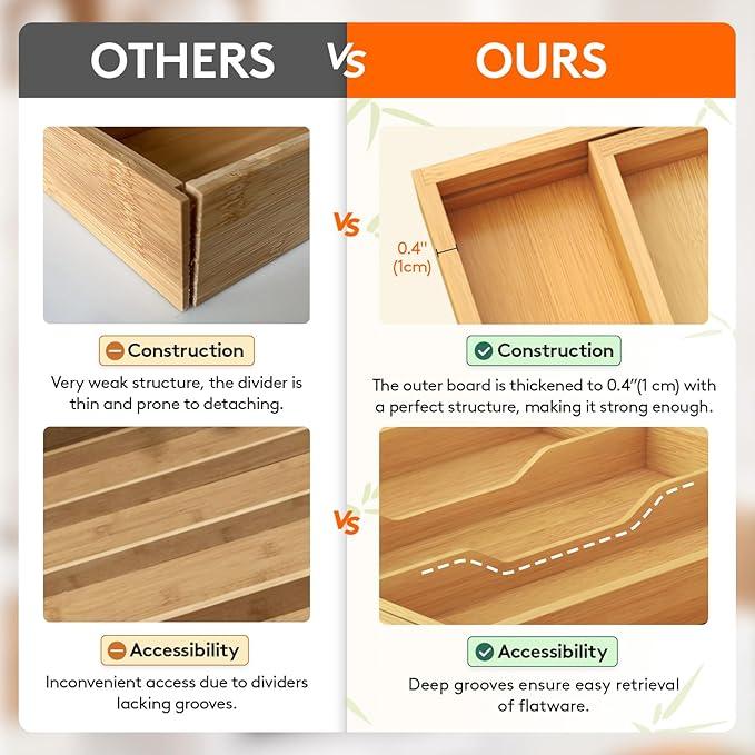 Lifewit Utensil Drawer Organizer, Expendable Cooking Silverware Tray for Kitchen Drawer, Bamboo Adjustable Cutlery Flatware Holder, Spatula Tools and Gadgets Storage Divider, 3 Compartments, Natural