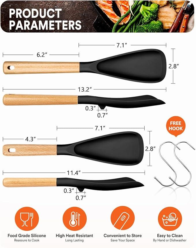 Multifunction Spatula Spoon for Nonstick Cookwares, Great for Cooking and Serving, Sturdy BPA-Free Matte Silicone, Wood Handle Spatula for Mixing, Scoop, and Scrape, Black(2 pack,11.4
