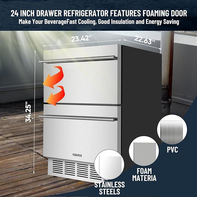 Outdoor Drawer Refrigerator, 24 Inch Undercounter Beverage Cooler Fridge with Stainless Steel Seamless Door Can Hold 154 Cans w/Powerful Cooling Compressor for Kitchen and Commercial