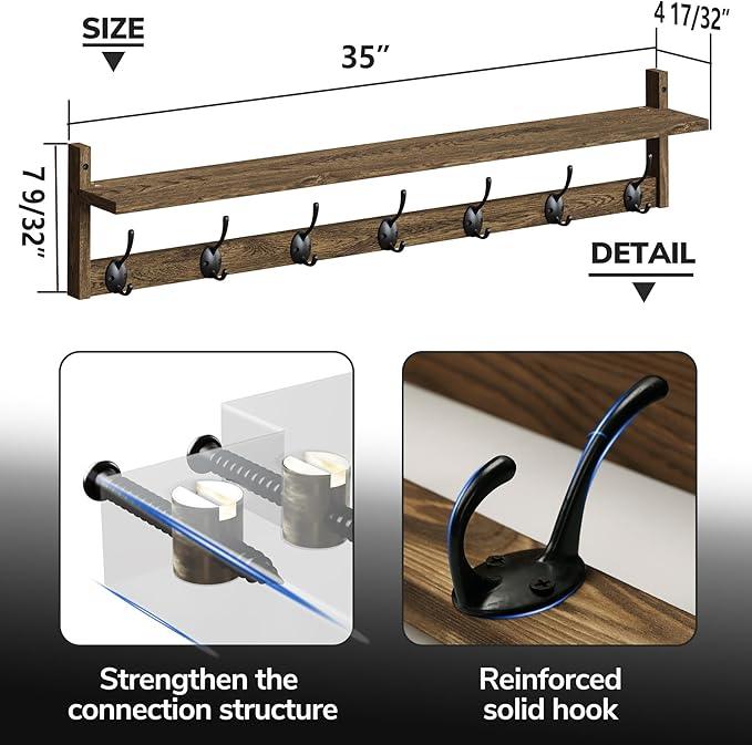 BAMEOS Coat Rack Wall Mount, Large Wooden Coat Hooks with Shelf, 35