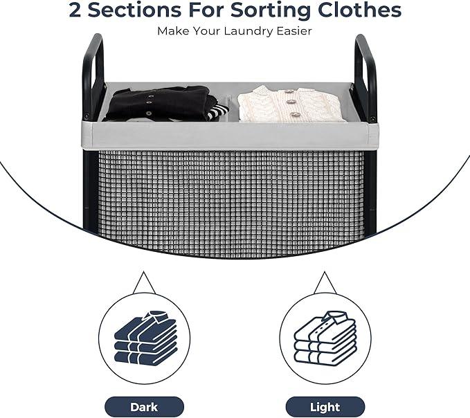 STO STO Laundry Hamper 2 Section, 100L Rolling Laundry Sorter Cart with Removable and Washable Liner Bag, Rolling Clothes Hamper with Metal Handle for Laundry Room and Bedroom, Gray