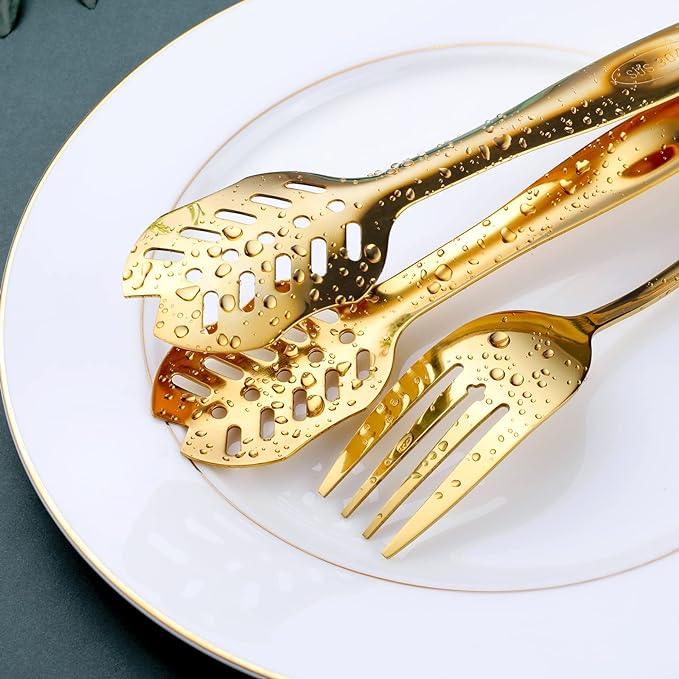 Gold Serving Utensils, OGORI 15-Piece Stainless Steel Gold Serving Utensils Set Include Serving Spoons, Slotted Serving Spoons, Serving Tongs, Serving Forks, Butter Knife, Soup Ladle, Pie Server