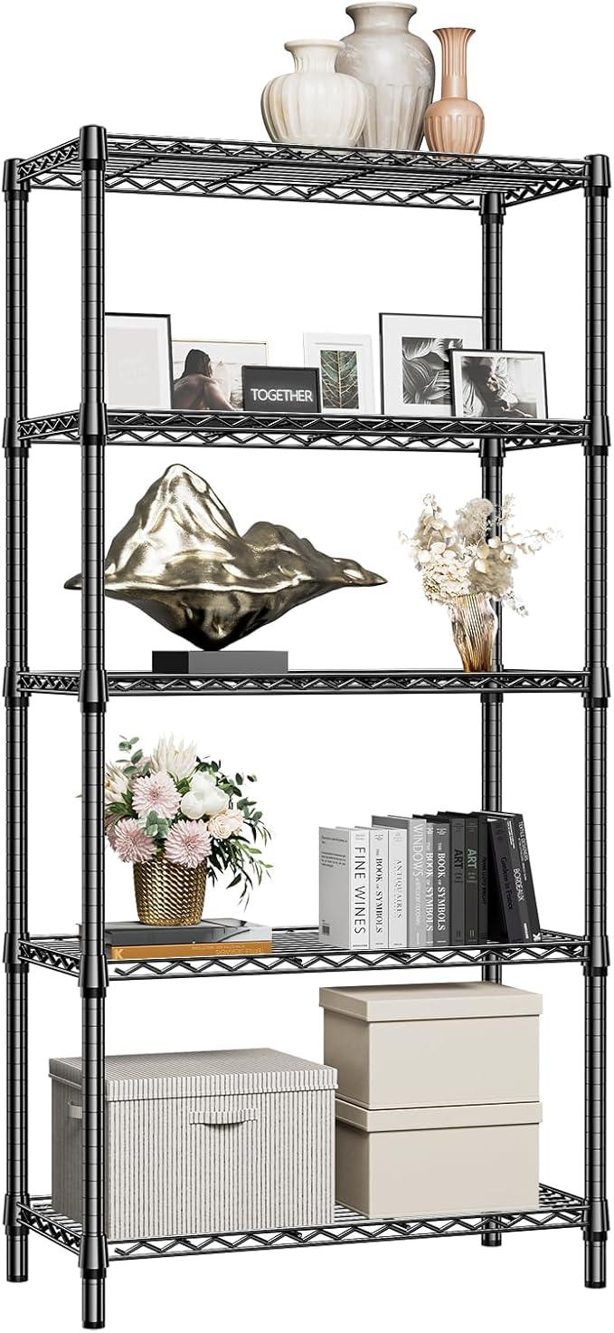 1250 lbs 5 Tier Shelf Metal Storage Shelves Shelving Wire Rack Heavy Duty Closet Organizers for Garage Kitchen Bathroom Laundry Black 13.8