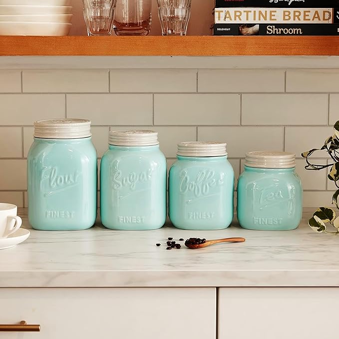 Young's 4 Piece Ceramic Canisters Sets for Kitchen, Country Style Ceramic Containers for Flour, Sugar, Tea and Coffee, Storage Containers with Lids 10.75